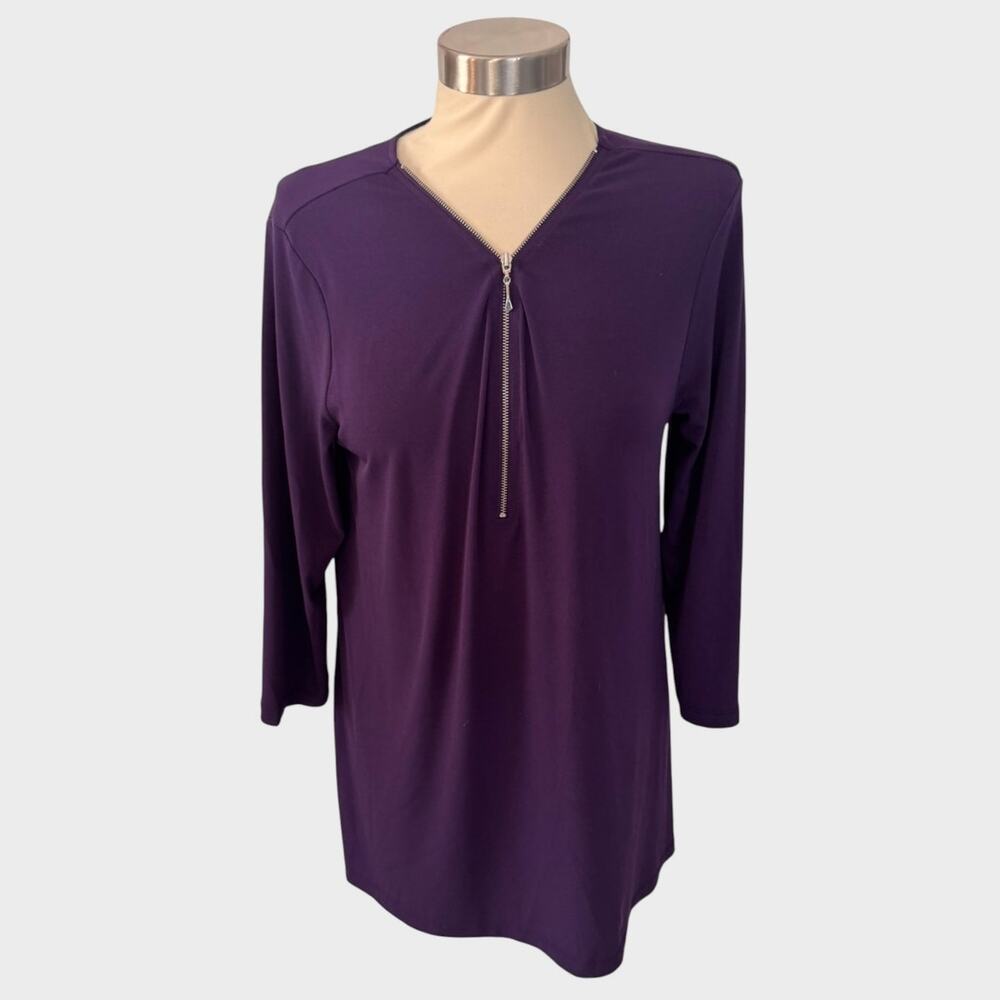 Christopher & Banks Womens Medium Purple 3/4 Sleeve Zipper V Neck Top